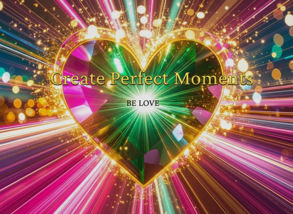 Colorful heart shape surrounded by vibrant light rays and sparkles with the text 'Create Perfect Moments' and 'BE LOVE' in the center.